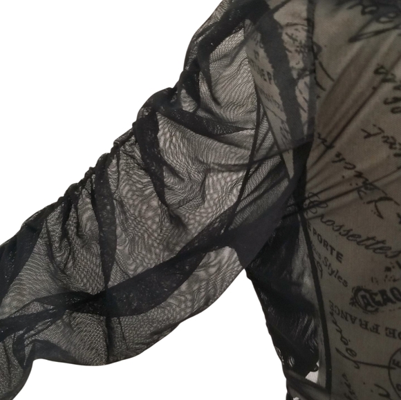 Y2K Black Sheer Tie-Front Bolero Top with Puffy Sleeves L - Picture 4 of 5